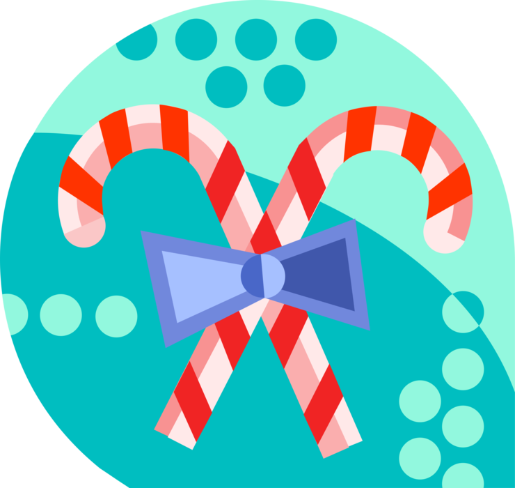 Vector Illustration of Traditional Christmas Candy Cane Peppermint Sticks with Ribbon Bow