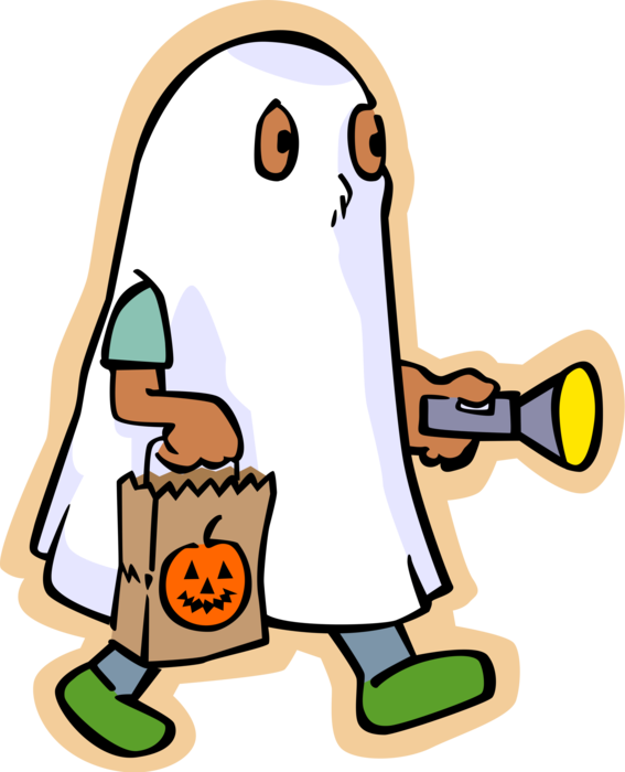 Vector Illustration of Primary or Elementary School Student Boy in Halloween Ghost Phantom, Apparition, Spirit, Spook Costume