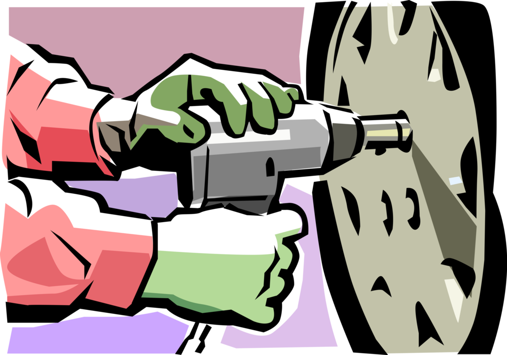Vector Illustration of Automotive Service Technician Garage Mechanic Changes Automobile Motor Vehicle Tire