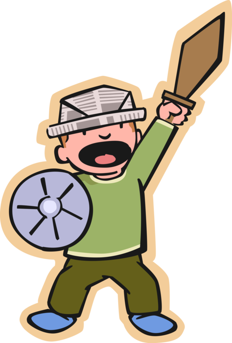 Vector Illustration of Primary or Elementary School Student Sword Fighter with Shield
