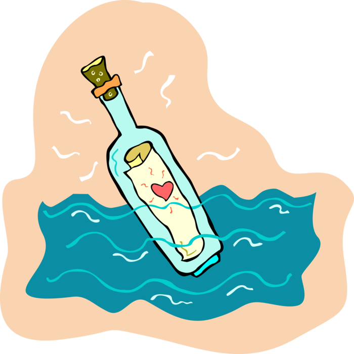 Vector Illustration of Love Letter Message in Bottle Floating on Water