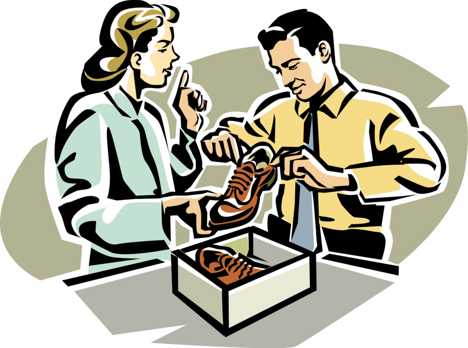 Vector Illustration of Shoe Salesman with Customer in Retail Footwear Shoe Store