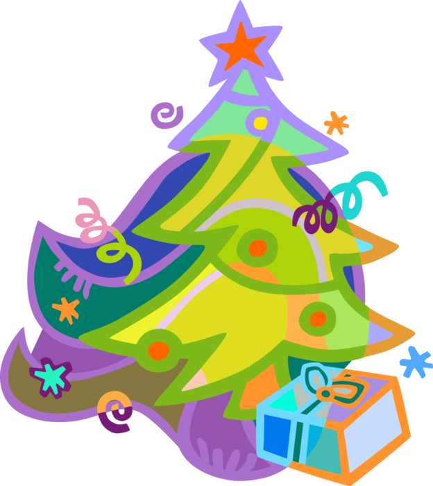 Vector Illustration of Festive Season Christmas Tree with Ornaments and Gifts