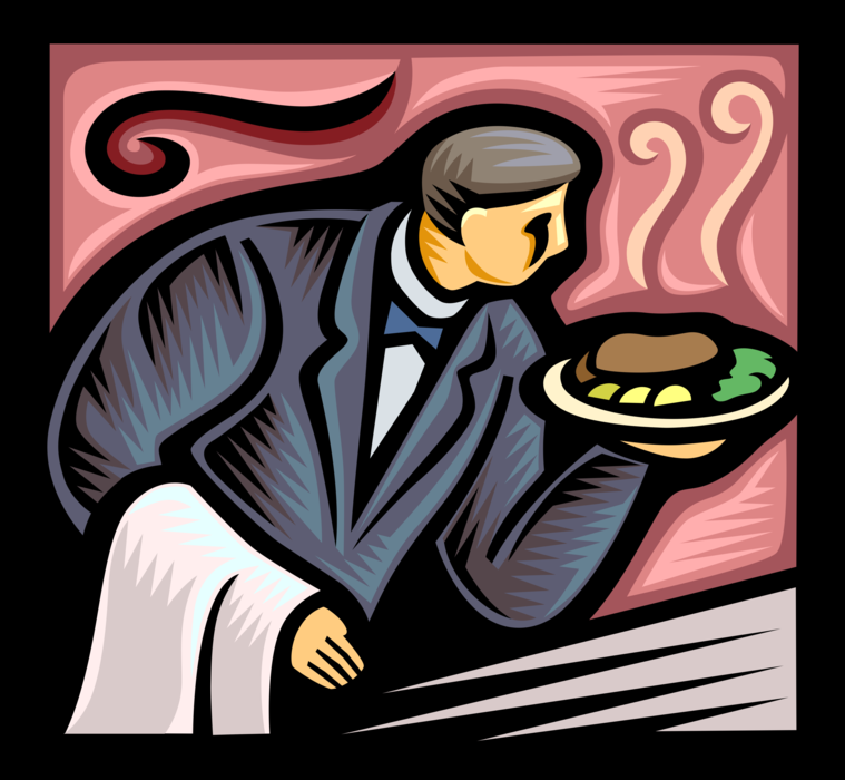 Vector Illustration of Restaurant Maître d'hôtel Waiter Serves Dinner to Customers
