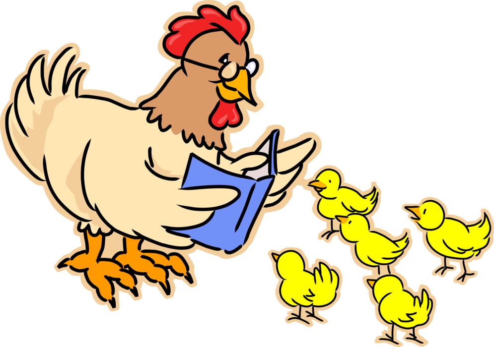 Vector Illustration of Mother Hen Reads Storybook Story to Chicks