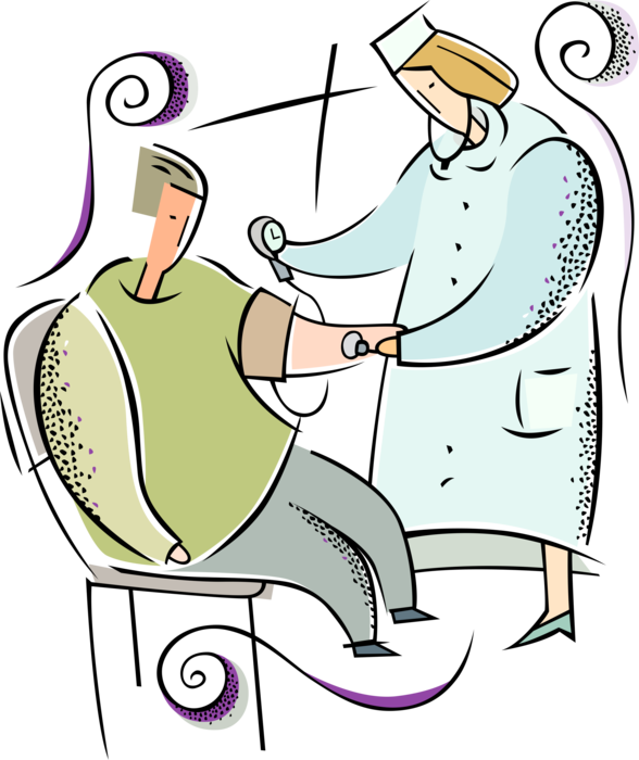 Vector Illustration of Health Care Nurse Takes Patient's Blood Pressure Reading