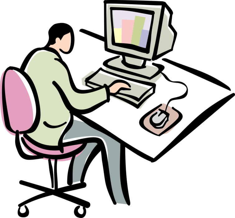 Vector Illustration of Businessman Working at Office Desktop Computer