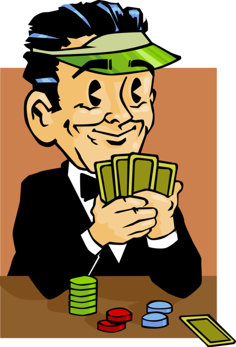 Vector Illustration of Casino Gambling Games of Chance Gambler Plays Poker with Playing Cards and Chips