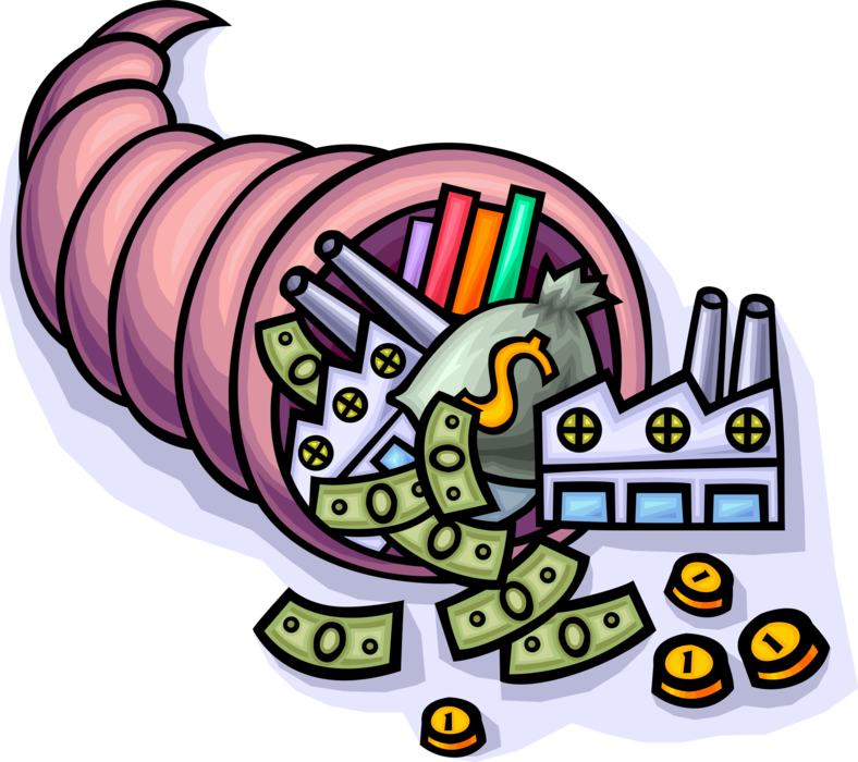 Vector Illustration of Industrial Manufacturing Cornucopia Horn of Plenty with Bountiful Harvest 
