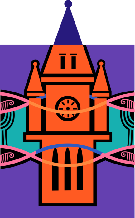 Vector Illustration of Clock Tower Houses Turret Clock