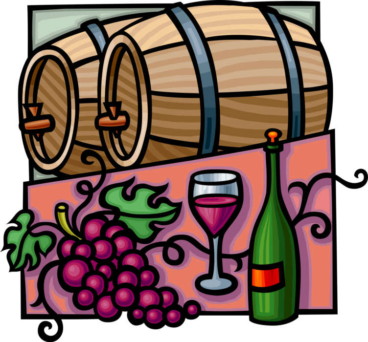 Vector Illustration of Vineyard Wine Barrel Casks with Fruit Grapes and Wine Bottle