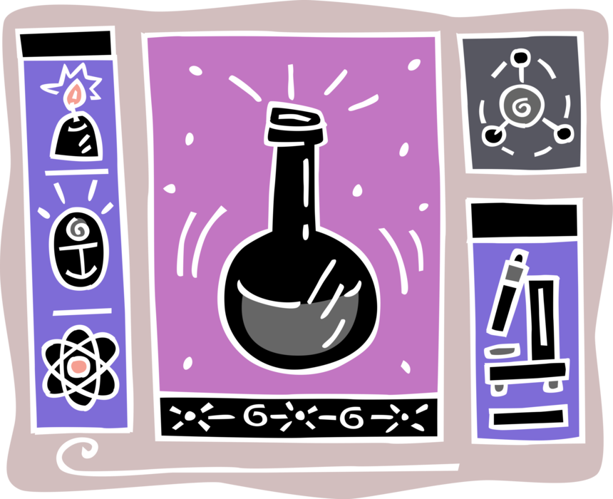 Vector Illustration of Science Beaker, Microscope and Bunsen Burner used in Scientific Experiments
