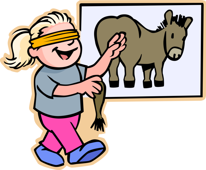 Vector Illustration of Primary or Elementary School Student Girl Plays Pin the Tail on the Donkey at Party