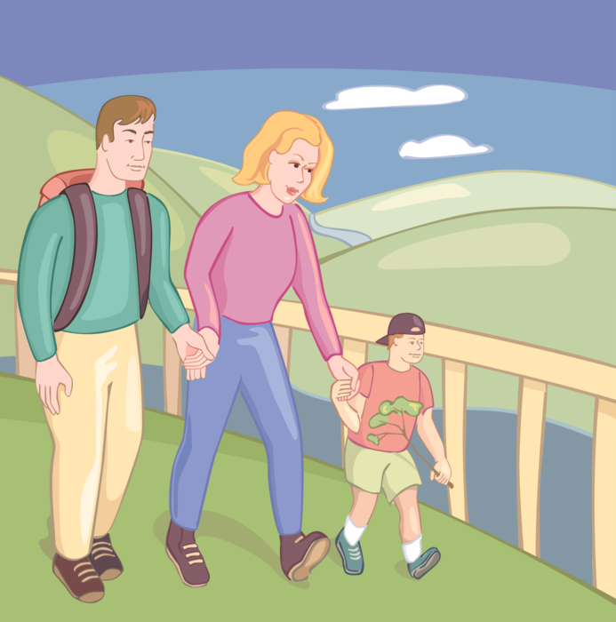Vector Illustration of Family Hike Through Countryside