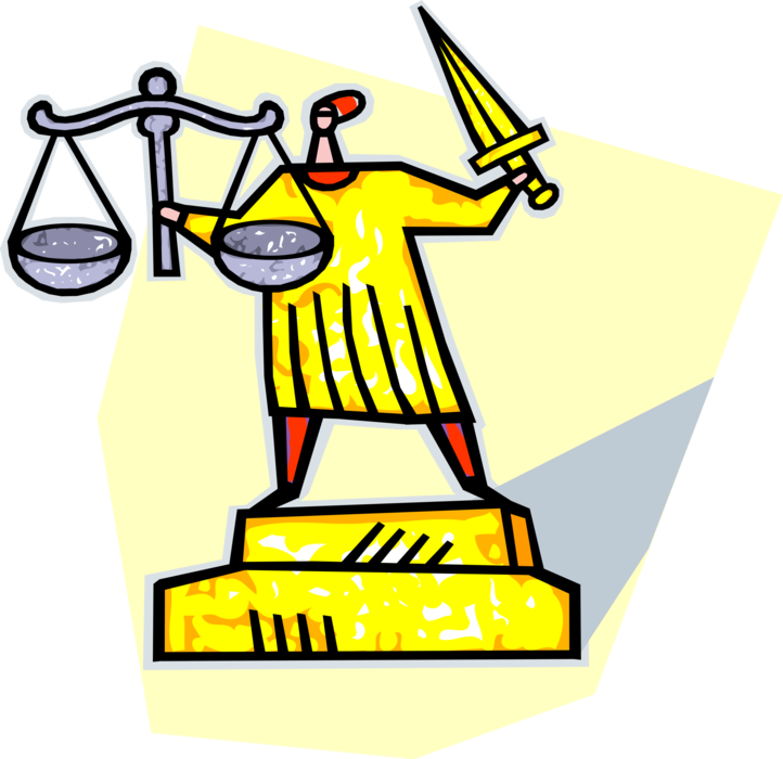 Vector Illustration of Justice Scales with Lady Justice Symbolizing Measure of Case's Support and Opposition