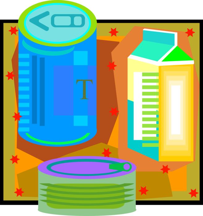 Vector Illustration of Food Containers with Soft Drink Soda Can, Milk Carton and Tin Can