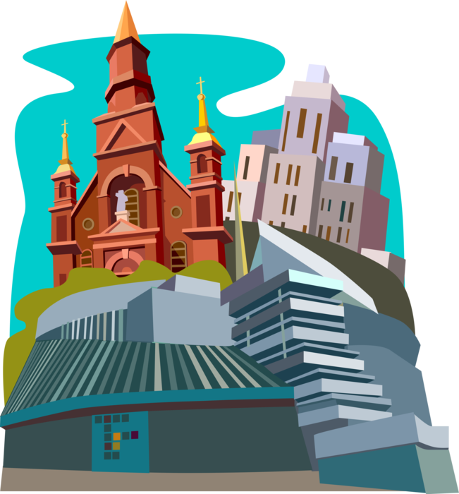 Vector Illustration of Old Montreal Notre-Dame-de-Bon-Secours Chapel, Office Towers and Expo Pavilion, Canada