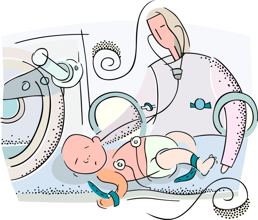 Vector Illustration of Premature Newborn Baby in Incubator with Doctor and Stethoscope