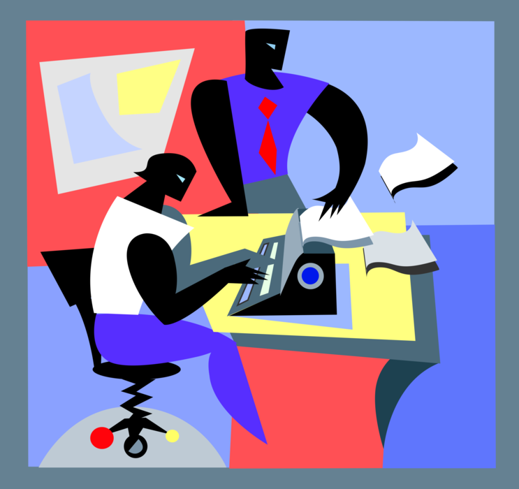 Vector Illustration of Author Dictates as Typist Types Manuscript on Typewriter