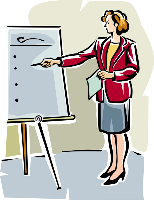 Vector Illustration of Businesswoman Makes Presentation with Flip Chart and Easel