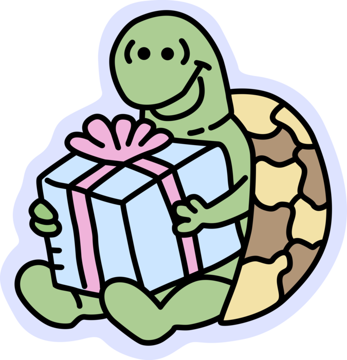 Vector Illustration of Slow-Moving Terrestrial Reptile Tortoise or Turtle with Gift