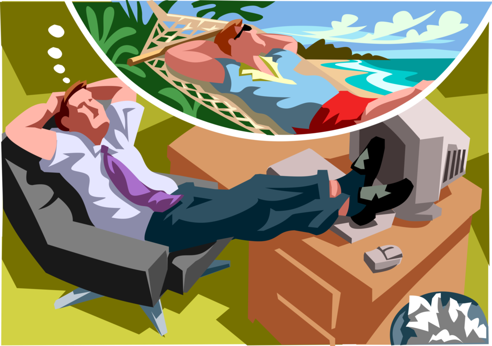 Vector Illustration of Businessman Daydreaming in Office of Vacation Getaway at Tropical Island Resort