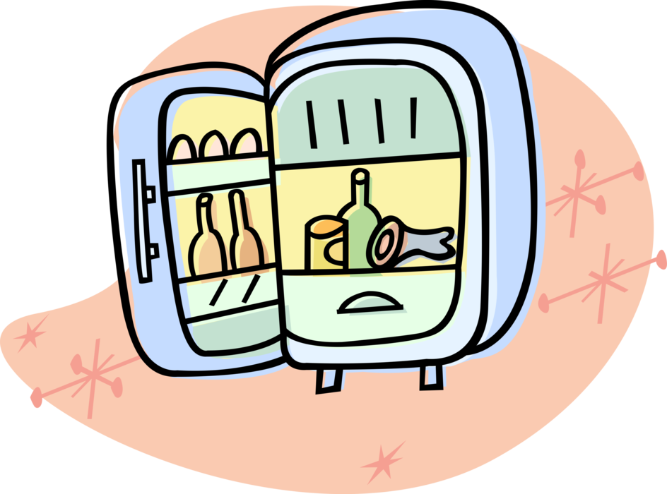 Vector Illustration of Refrigerator Fridge Household Appliance Door Open with Food
