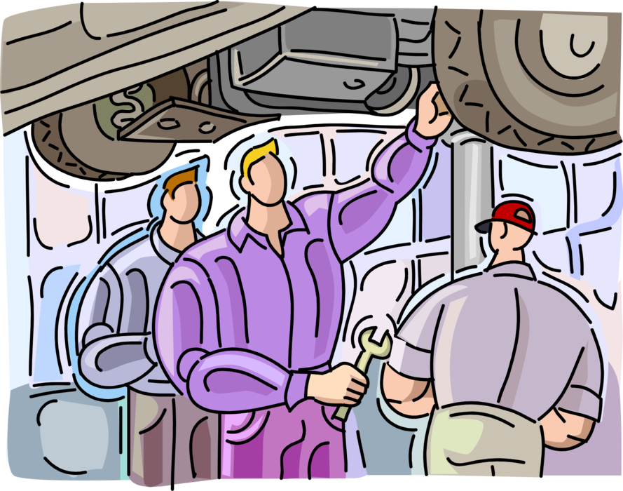 Vector Illustration of Automobile Garage Mechanic Inspecting Automobile Car Motor Vehicle