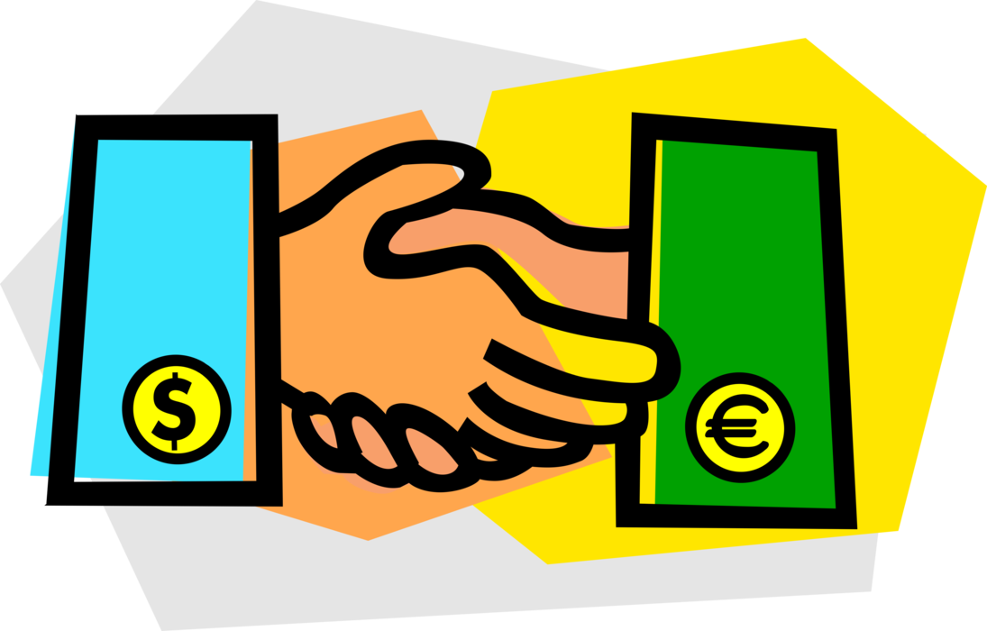 Vector Illustration of Euro and U.S. Dollar Financial Hands Shaking in Introduction Greeting or Agreement 