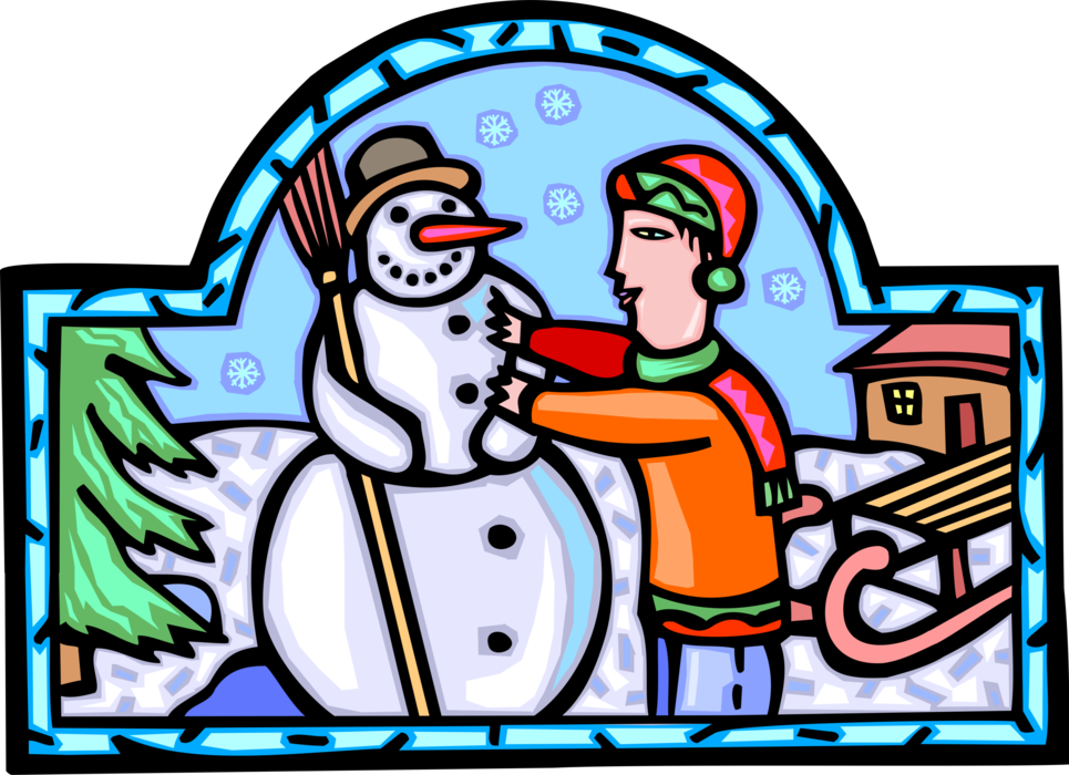 Vector Illustration of Building Snowman Anthropomorphic Snow Sculpture Outdoors in Winter