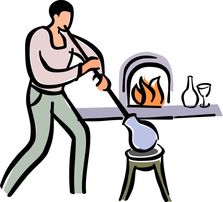 Vector Illustration of Glass Blower Inflating Molten Glass into Bubble with Aid of Blowpipe or Blow Tube