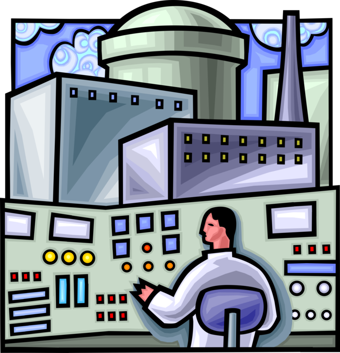 Vector Illustration of Nuclear Energy Power Plant Control Room with Technician