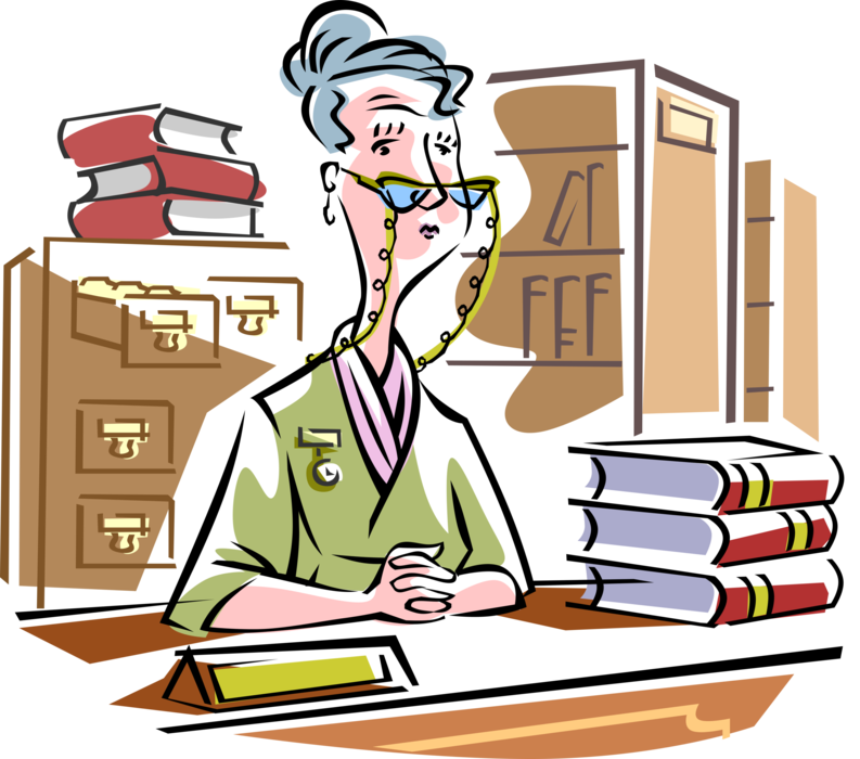 Vector Illustration of Old Spinster Librarian with Glasses on Chain Stoically Sits at Desk in Library