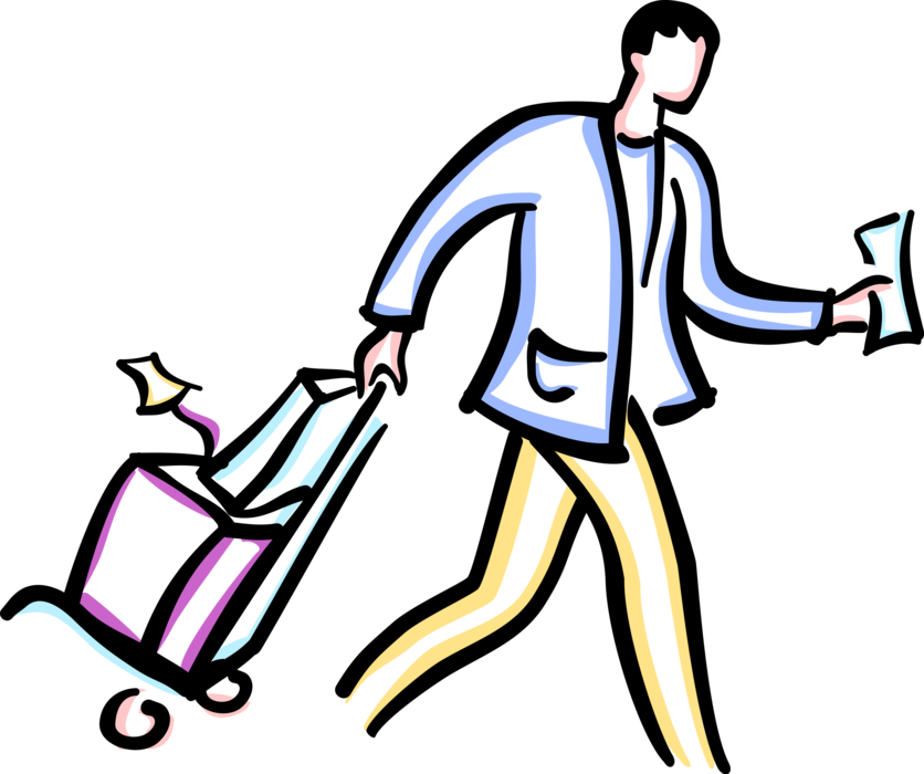Vector Illustration of Air Traveler Walks with Luggage Baggage in Airport with Airline Ticket