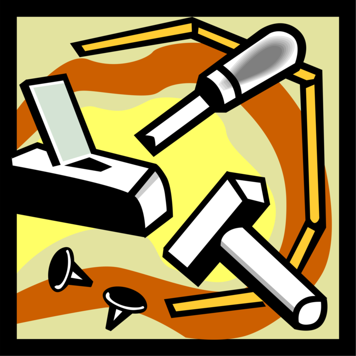 Vector Illustration of Carpentry Chisel, Hammer, Nails and Wood Hand Plane