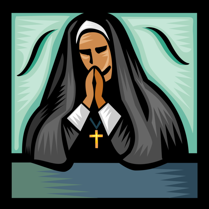 Vector Illustration of Christian Religion Catholic Nun Prays with Crucifix Cross