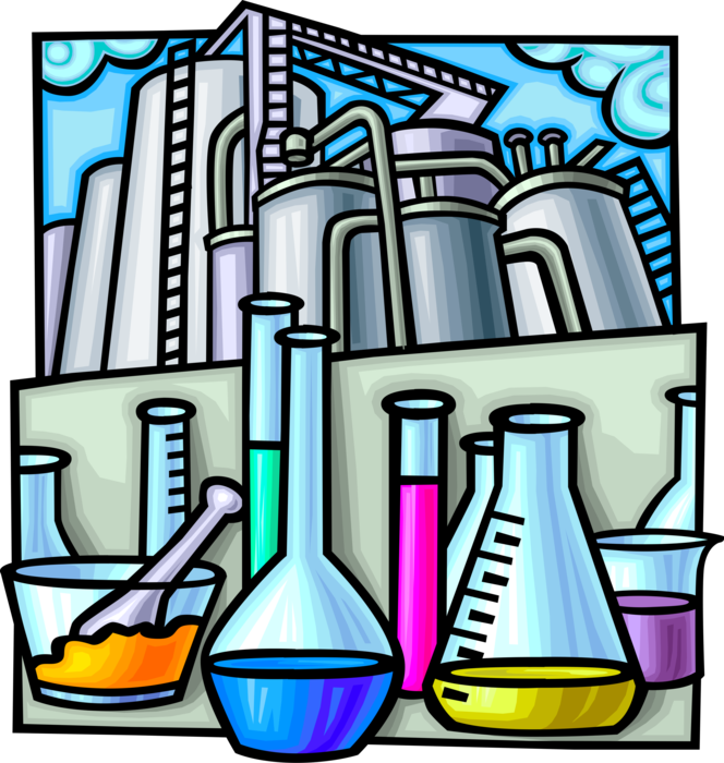 Vector Illustration of Chemical Manufacturing Industry with Beakers, Flasks and Test Tubes