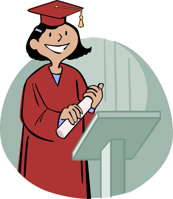 Vector Illustration of Graduate Student in Mortarboard and Gown Receives Graduation Diploma
