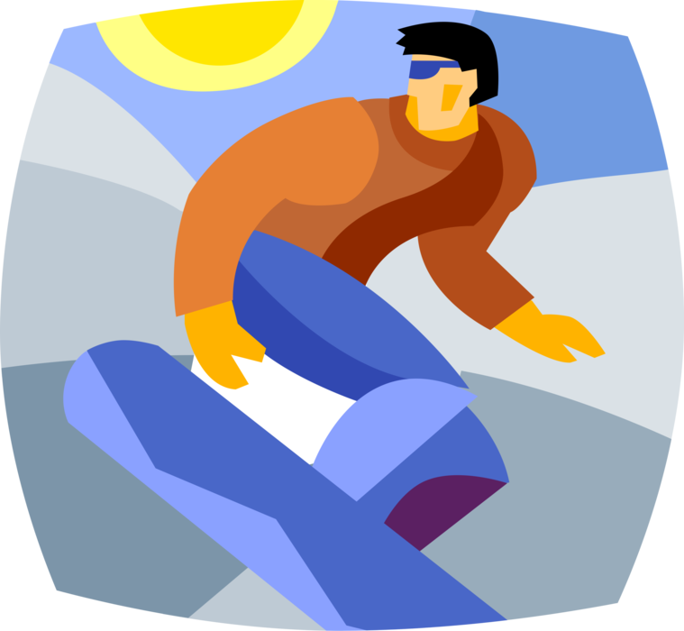 Vector Illustration of Winter Sports Snowboarder Dude Snowboarding Down Slopes with Snowboard