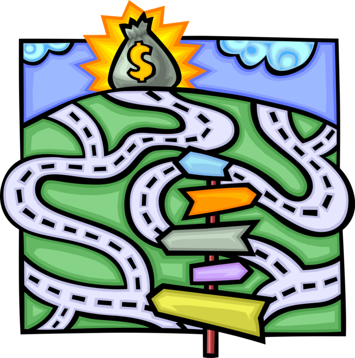 Vector Illustration of Bag of Money Windfall Bonanza at Top of Hill with Circuitous Route Roads