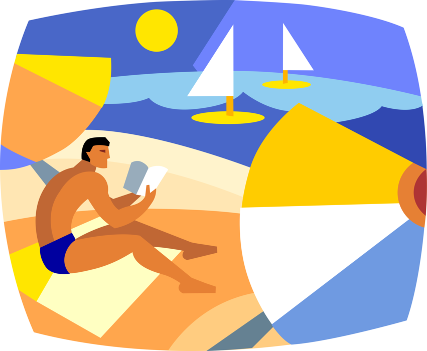 Vector Illustration of Narcissist Sun Tanning at Beach Reading Book with Shade Umbrellas and Sailboards