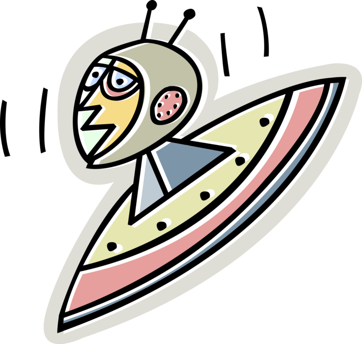 Vector Illustration of UFO Flying Saucer Spaceship Extraterrestrial Spacecraft in Space with Alien Astronaut