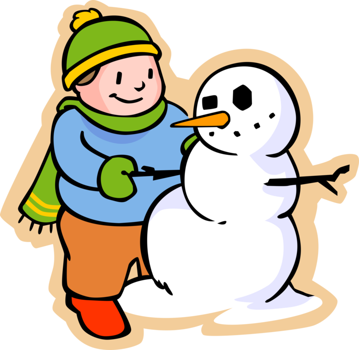 Vector Illustration of Primary or Elementary School Student Boy Builds Snowman Anthropomorphic Snow Sculpture in Winter