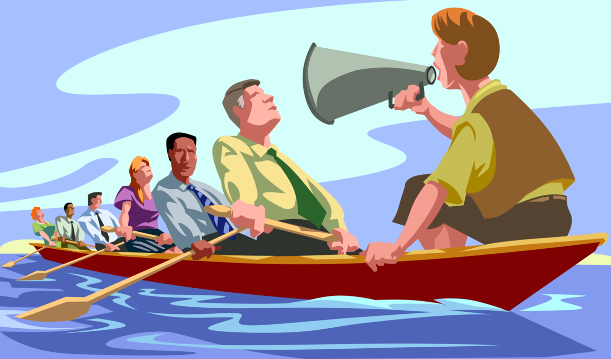 Vector Illustration of Competitive Sculling Rowing Team in 6-Person Shell Boat with Coxswain and Megaphone