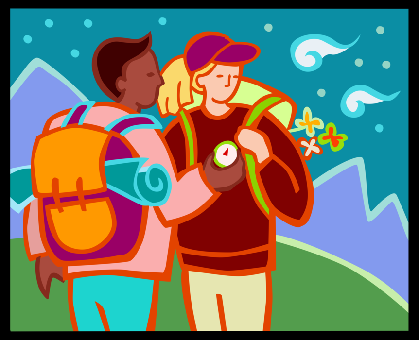 Vector Illustration of Children Hiking Outdoors with Knapsack Backpacks and Magnetic Compass