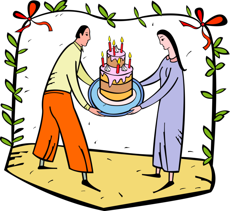 Vector Illustration of Loving Couple with Birthday Cake and Candles