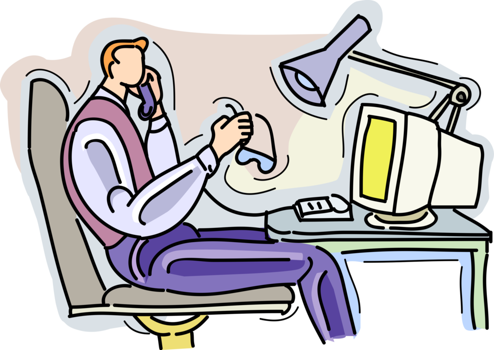 Vector Illustration of Office Worker Working at Computer Talking on Phone