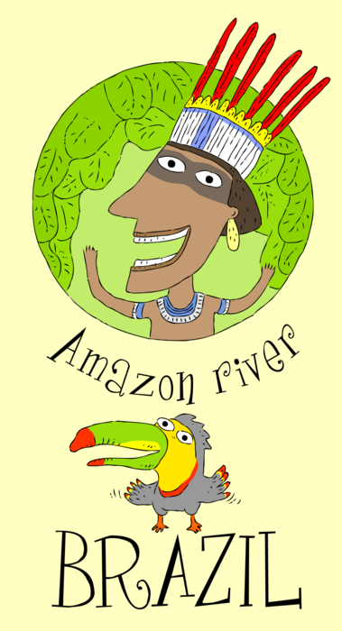 Vector Illustration of Brazil Postcard with Indigenous Native and Amazon River Toucan Bird