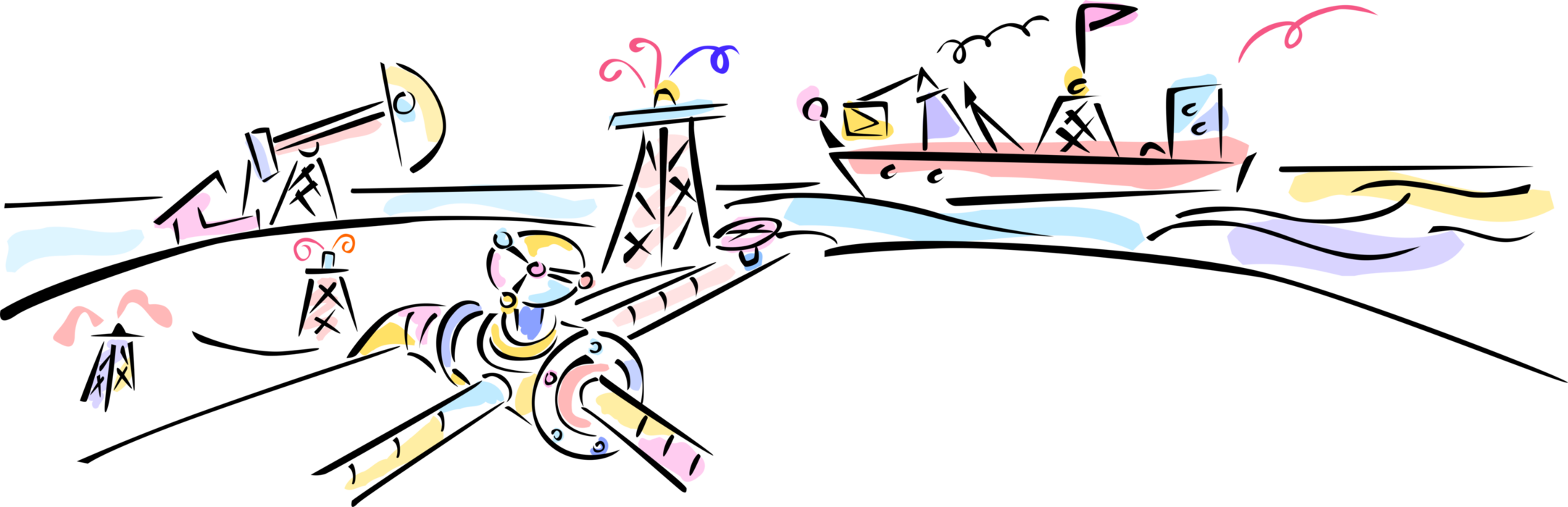 Vector Illustration of Fossil Fuel Oil and Petroleum Drilling Pipeline and Oil Tanker Transport Merchant Vessel