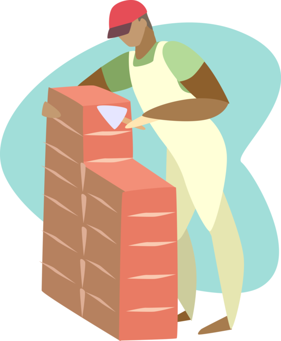 Vector Illustration of Mason Bricklayer Builds Brick Wall with Masonry Bricks and Trowel